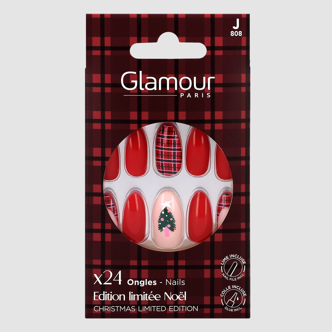 24 faux ongles stiletto Noël - Tartan